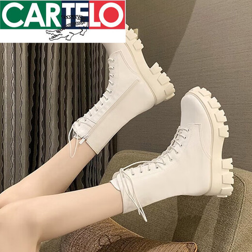 Картоловые маленькие усиленные ботинки Martin British Style High Top Women's Women 2025 Spring и осенняя толстая единственная сапоги белые ботинки в середине труба черные 37