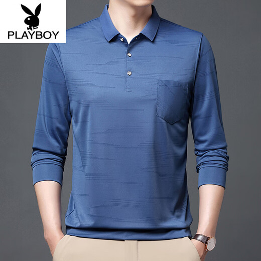 花花公子（PLAYBOY）男士长袖T恤春秋季翻领上衣真口袋有兜条纹宽松男装冰丝POLO保罗 B753波浪 蓝色 XL 175/115/52