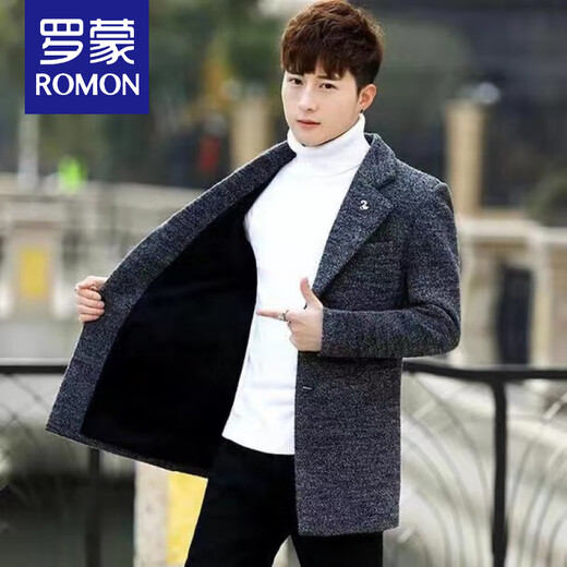 ROMON woolen coat men's windbreaker mid-length autumn and winter Korean style men's clothing Korean style trendy woolen slim coat 998 gray cotton XL 125Jin Jin equals 0.5kg -140Jin Jin equals 0.5kg