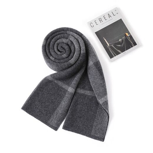 JIUJI Cashmere Scarf Men's High-end Winter Fashion Versatile Knitted Plaid Thickened Warm Neck Scarf Gray