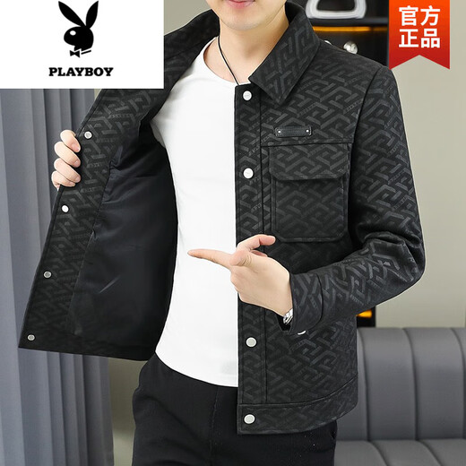 花花公子（PLAYBOY）男士翻领潮流夹克春秋装新款条纹外套中青年休闲轻熟风帅气褂子 9853黑色 XL 120135