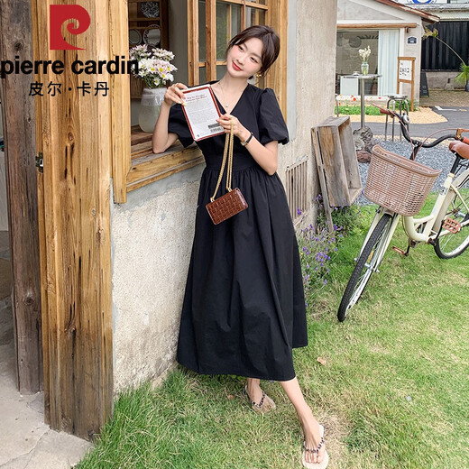 Pierre cardin style slim black dress for women in summer 2025 new Hepburn style small black dress exposed waist Platycodon French long skirt light brown [213-9923] 2XL 141-160Jin [Jin equals 0.5 kg]