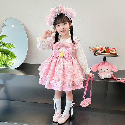 Daniaowang Girls Melody Lolita Princess Dress Spring and Autumn New Long Sleeve Dress Pink Birthday Dress Puff Skirt Velvet Dress + Headwear 130 Sizes