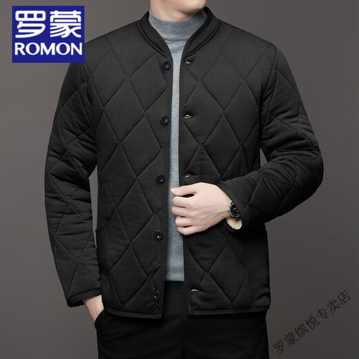 ROMON stand collar men's cotton coat in autumn and winter middle-aged camel velvet liner plus velvet thickened comfortable and warm cotton coat top for men black 2XL (recommended 120-140Jin [Jin equals 0.5 kg])