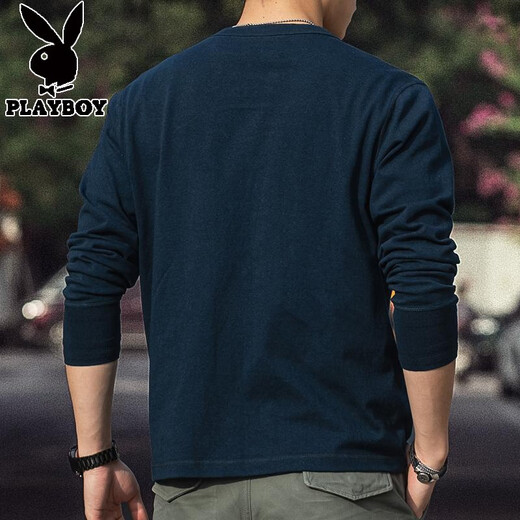 Playboy American Retro Henley Long Sleeve T-Shirt Men's 2025 Spring 250g Pure Cotton Side Seamless Henley Collar Bottoming Shirt Denim Blue 250g Pure Cotton 2XL Reference 170-195Jin Jin is equal to 0.5 kg