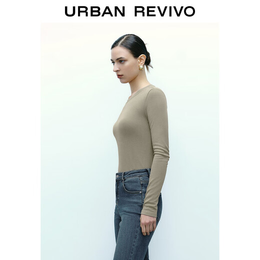 UR new autumn women's clothing simple basic versatile round neck slim long-sleeved T-shirt UWB440043 green khaki M