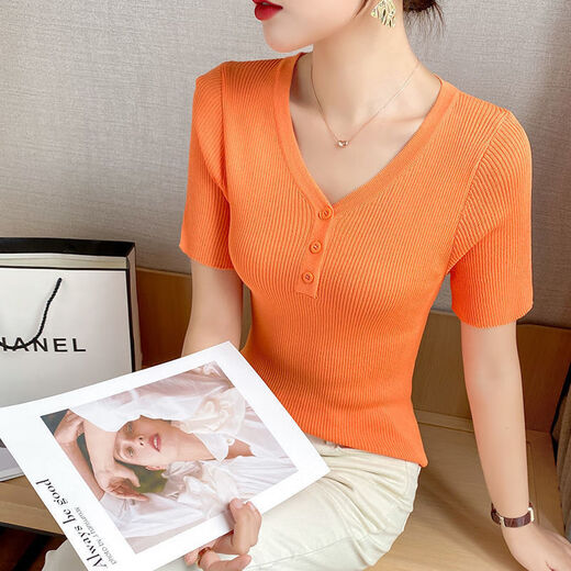 Hengyuanxiang (HYX) 2025 Nuevo suéter de seda de hielo Base de cuello en V suelta Camiseta roja de manga corta de manga corta Ins torturada camiseta de verano 9923# White M [sugerido 95-105Jin [Jin iguala 0.5 kg]]