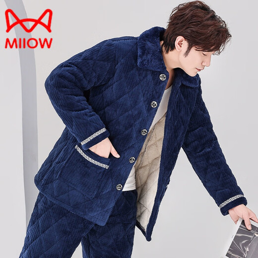 
Catman (MiiOW) pajamas for men in autumn and winter, three-layer thickened coral velvet cotton flannel warm home clothing set winter style C9901 black gray men [milk velvet] XL 3 layers x (125 145Jin [Jin equals 0.5 kg]) three-layer thickened