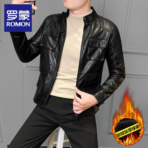 ROMON Men's Leather Jacket Pu Leather Motorcycle Jacket Spring and Autumn 2025 New Men's Top Spring Handsome Men's Black Velvet 2XL Recommended 150Jin Jin is equal to within 0.5kg