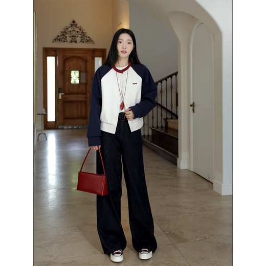 Guo Jiujiu Retro Contrast Broidered Ragdoll Sleeve Cotton Veste en laine Jacket Scimitar Jeans G924T17152 SUITE (manteau + jeans) M Single Taille