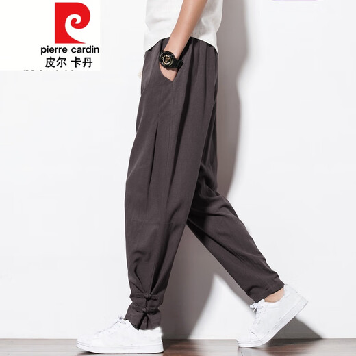 皮尔卡丹 中国风亚麻男裤子春夏季宽松大码男装唐装棉麻哈伦裤束脚灯笼裤 酒红色 M
