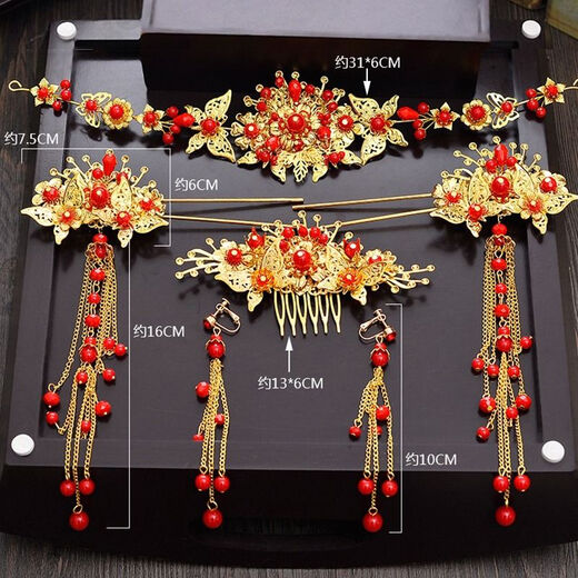 Paup New Chinese Style Bridal Headress Classical Phoenix Crown Shaking Shaking Wedding Xiuhe Cost Tassels Headress Set (Style Crochet d'oreille)