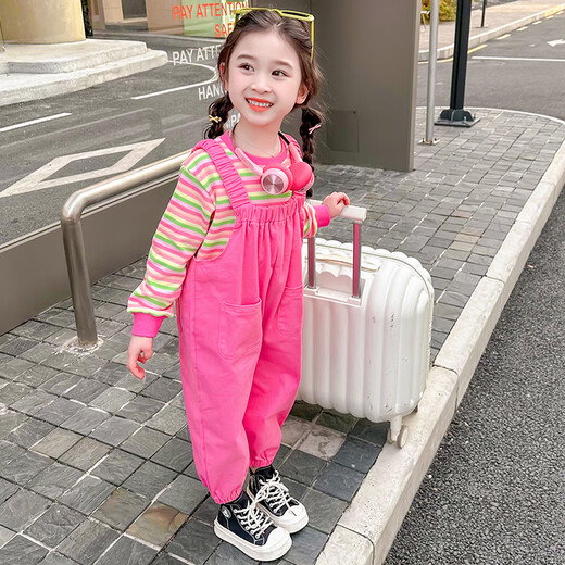 
Beautiful children's spring overalls suit 2025 new children's spring and autumn clothes striped casual baby girl Korean version two-piece set picture color 140