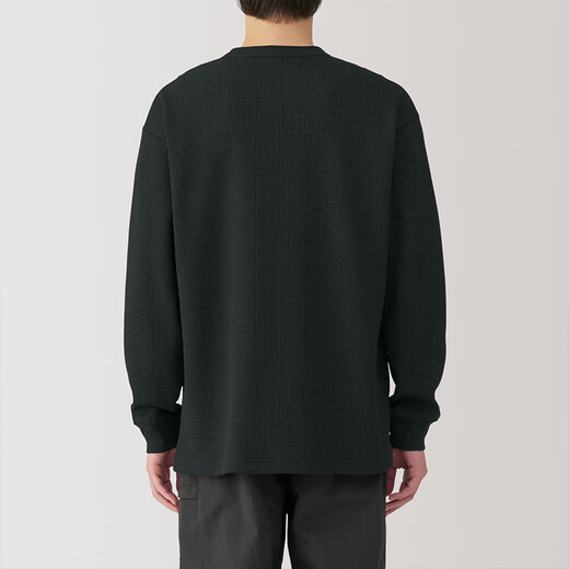 MUJI Men's UV Protection Waffle Henry Collar Long Sleeve T-Shirt Men's Bottoming Shirt Men's Spring Black XL (180/104A)