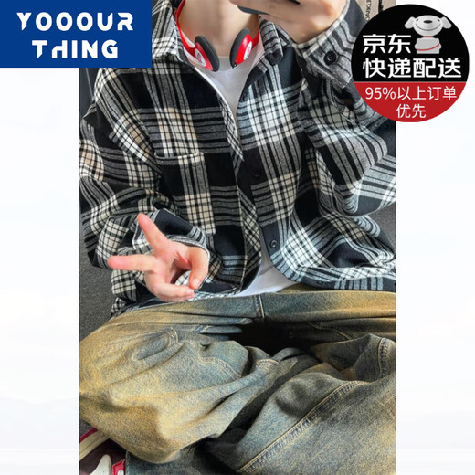 YOOOURTHING美式复古格子衬衫男长袖春秋冬加绒加厚宽松情侣百搭休闲衬衣外套 CJ9735-黑白格 加绒 M (建议90-110斤)
