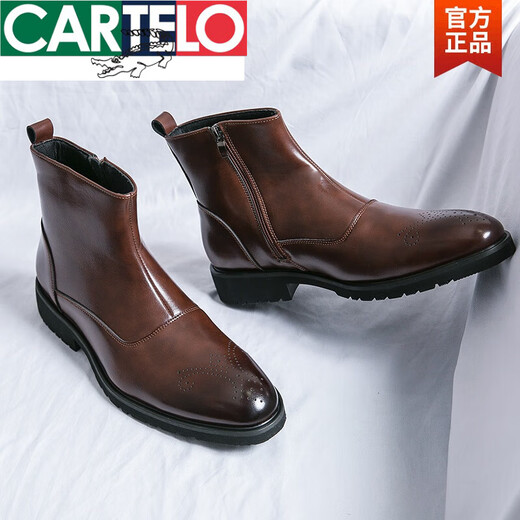 卡帝乐鳄鱼（CARTELO）切尔西男靴秋冬高帮休闲皮鞋英伦风百搭男士网红时尚尖头马丁靴男 X.M841-5黑色(内增高) 44