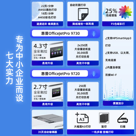 HP (HP) 9730 color inkjet A3 printer A4 automatic double-sided copy and scan all-in-one wireless home office 9720 9730 A3A4 print copy scan + double paper box official standard host + a set of original ink cartridges