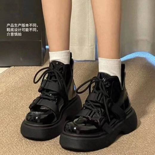 绯垚英伦风马丁靴子女士 春夏季皮鞋厚底高跟平底粗跟黑色短筒骑士靴 37 脚宽脚高拍大一码