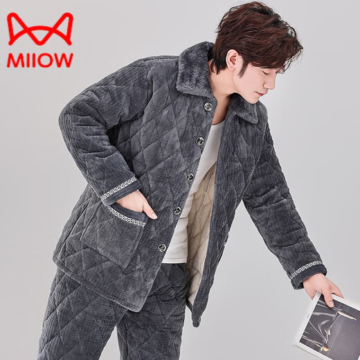 
Catman (MiiOW) pajamas for men in autumn and winter, three-layer thickened coral velvet cotton flannel warm home clothing set winter style C9901 black gray men [milk velvet] XL 3 layers x (125 145Jin [Jin equals 0.5 kg]) three-layer thickened