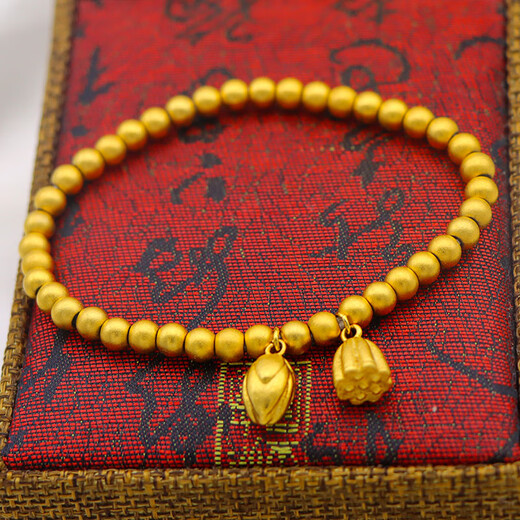 Only double ancient method sand gold bracelet women's 999 pure gold two worlds happy lotus gold bracelet Vietnam 24K gold plated jewelry ancient method beads 5mm bracelet 13-14 cm (elastic