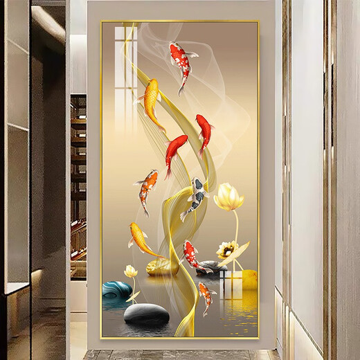新中式玄关背景墙装饰画感晶瓷壁画九鱼图过道走廊竖版单幅画 TXMG11158 70*140墙宽90-100cm高雅黑铝合