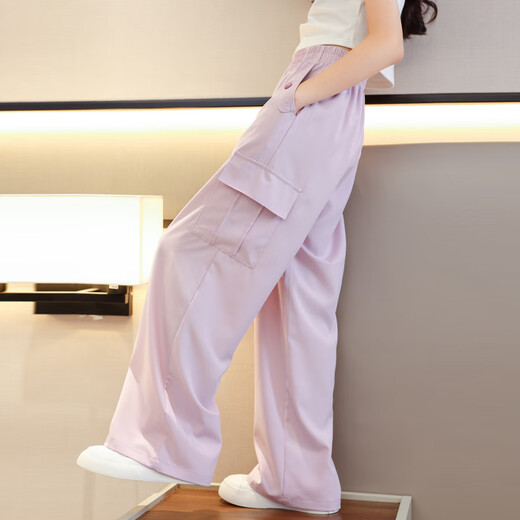 NICKYBABY夏季女童阔腿裤儿童裤子冰丝工装裤2025新款防蚊裤女大童夏装长裤 16012粉色+9889白色【套装】 150