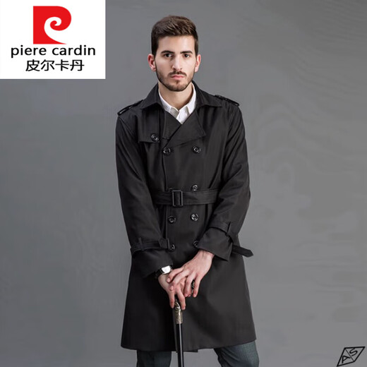 Pierre Cardin trench coat for men, British style mid-length business casual double-breasted plus 300 Jin, Jin equals 0.5 kg, thickened knitted jacket, black, no velvet, S 165/88A 100-130 Jin, Jin equals 0.5 kg