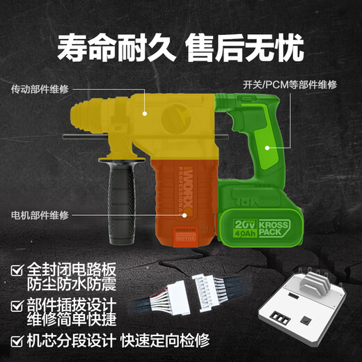 威克士（WORX）无刷锂电电锤大功率冲击钻混凝土电镐两用工业级电锤 WU3886.0双电+快充