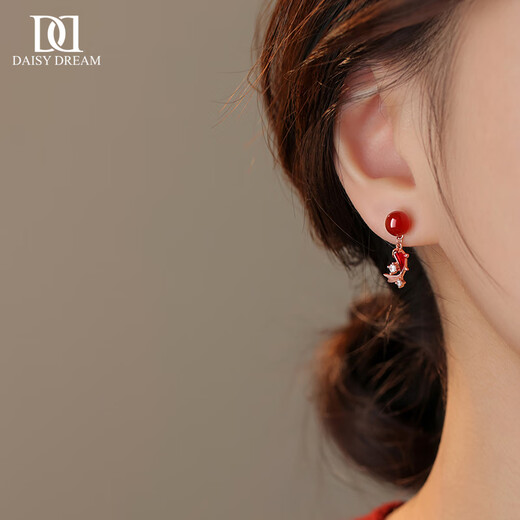 DAISY DREAM925 silver red agate koi earrings for women with pierced ears, zodiac year 2025 retro earrings, new year earrings, koi earrings S925 silver