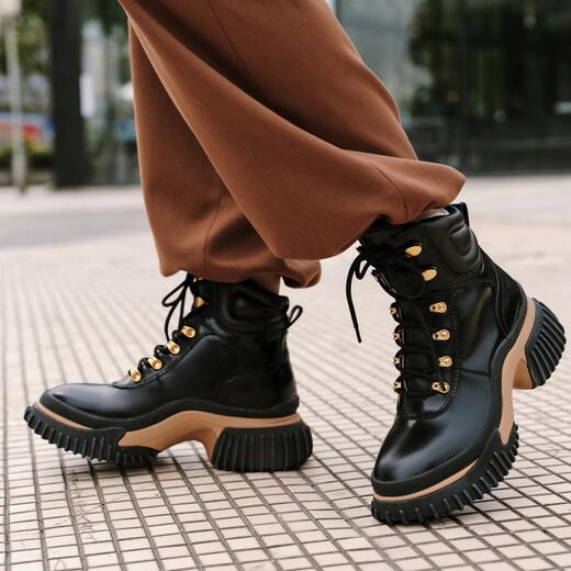 EP Yaying women's shoes, work style thick-soled sheepskin leather Martin boots straps hiking boots shopping mall same style XJ01A black 37
