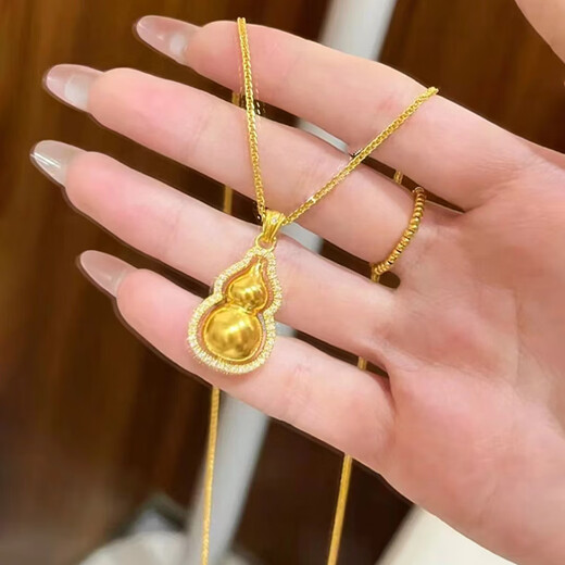 Junbu gold necklace 18K women's ancient gold Chopin chain 3D hard gold double-sided Fulu turning point diamond gourd pendant 2024 hot style gourd + Chopin chain