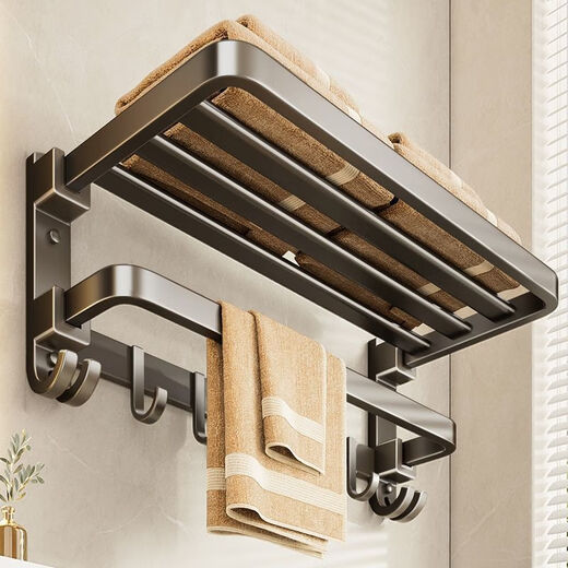 Qinkai Bathroom Towel Rack Bathroom No Punch Bathroom Towel Storage Rack Bathroom Toilet Wall-mounted Space Aluminum Storage Rack Thick Thickened 9 Hook Two-piece Set 9889 [Bath towel rack + wool Thickened Space Aluminum [gun ash]
