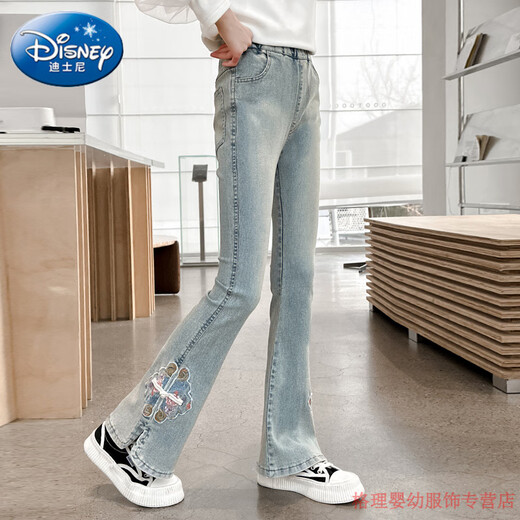 Disney girls' new Chinese style pants, big children's bell-bottom pants, 10 children's spring and autumn clothing, 13-year-old junior high school students' early autumn jeans 679 light blue spring and autumn style 160 cm