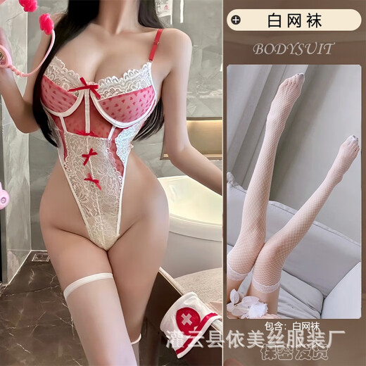 鲜橙曼欲纯欲护士制服蕾丝蝴蝶结心型透视连体衣性感套装9276 红色连体衣+发箍白开档袜 S码80-100斤