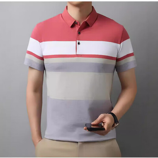 恒源祥男士短袖t恤时尚撞色条纹夏季翻领polo.衫中青年棉质半袖体恤上衣 826粉色 M