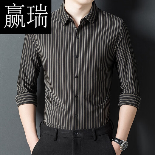 赢瑞衬衫男士无痕长袖中年春秋季新款商务休闲弹力免烫条纹衬衣男 9928-上青 XL 175【建议130-150斤】