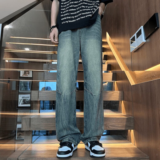 竹节纹针缝牛仔裤男夏季美式复古vibe高街微喇裤宽松直筒痞帅长裤 浅蓝688-DDD M