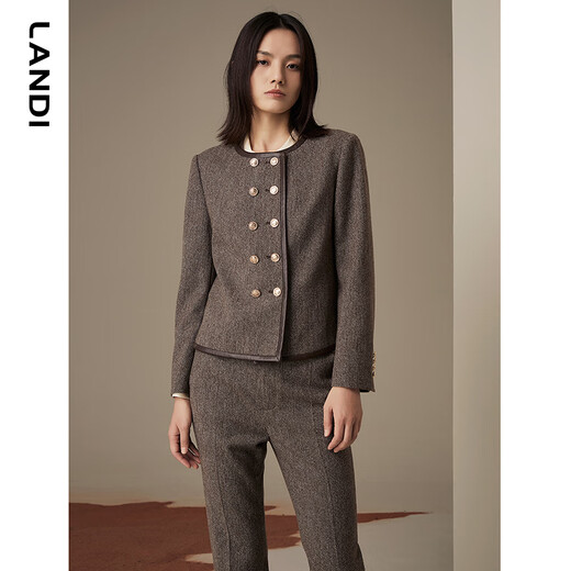 LANDI floral yarn retro high-end wool short suit jacket women's suit suit winter new product coffee floral yarn XL