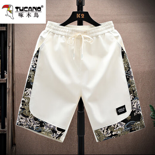 Woodpecker Shorts masculin Tendance d'été Bage respirant extérieur portant une tendance nationale imprimé décontracté grande taille à cinq shorts croustillants 831 beige l