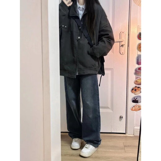 
7 high-quality work jackets for men and women in spring and autumn new American retro casual loose solid color men and women's flight jacket top SSQ-684 black 2XL