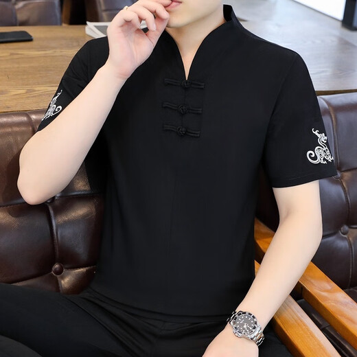 丹俏丽夏季唐装男短袖t恤风盘扣衬衫汉服宽松大码汉服仿棉麻民族风 9871白色 M  90-110斤