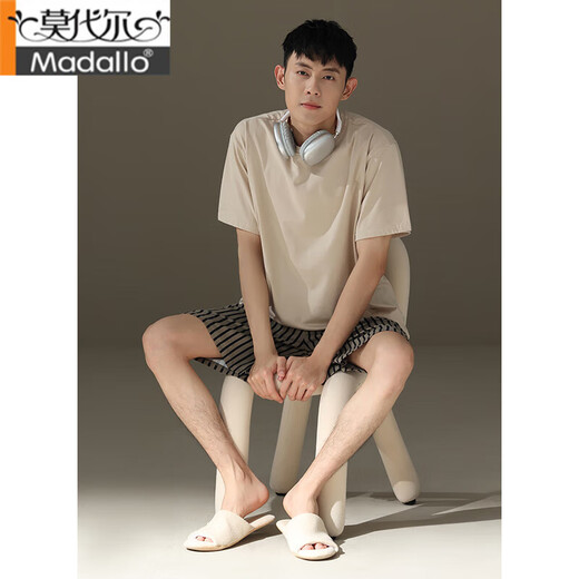 莫代尔男士睡衣夏季纯棉薄款圆领短袖青少年宽松休闲简约条纹短裤家居服 男款15838 L