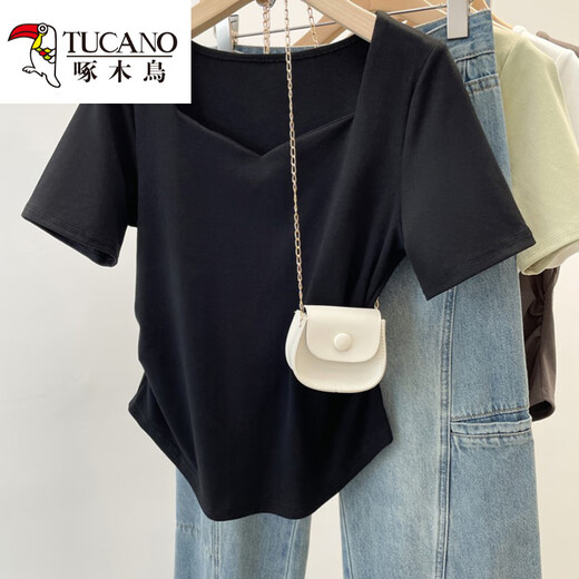 
Woodpecker Large Size Women's Fat mm Summer New Style 2025 Square Collar Irregular Short Sleeve T-shirt Fashion Shoulder Design Top White 13701 3XL Recommended 160-175Jin [Jin equals 0.5 kg]