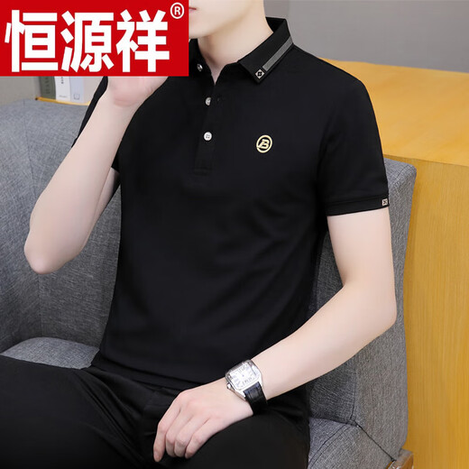 恒源祥夏季男装polo衫潮流翻领男士短袖Tt恤高端有带领商务休闲青年上衣 纯全IQY686黑色 L 120-135斤