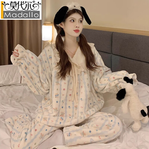 Pajama de terciopelo de coral modal para mujeres en primavera, otoño e invierno, terciopelo espesado dulce y linda ropa para el hogar de franela