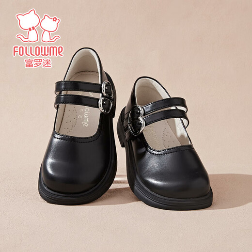 富罗迷女童小皮鞋春秋季新款小女孩公主鞋儿童时尚软底单鞋 黑色 34 