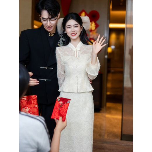 Wutuo Engagement Clothes Women's Winter New Chinese Style Champagne Color Cheongsam Toast Clothes Bride Wedding Dress Dress Long Sleeve Champagne Color 3263 L