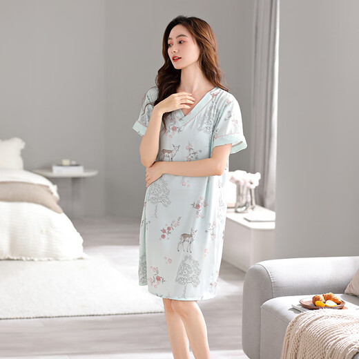 Victorias neuer Seidennacht des Stils für Frauen Frühling und Sommer dünne kurzärmelige, einfache Pyjama für Frauen im Sommer Home Clothes 1105 Weißer Hintergrund Blume V-Line Rock M 160
