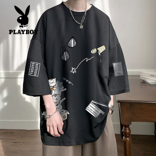 Playboy (PLAYBOY) Men's Short-sleeved T-shirt Summer Ice Silk New Fashionable Brand Hong Kong Style Kitten Printed Top Teenager Cubic Sleeve T-shirt TQ11115B Black + Q11162B Black L About 110~125Jin [Jin equals 0.5 kg] Can be worn