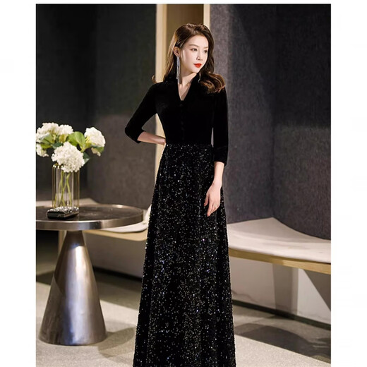 Wutuo black dress female high-end light luxury dinner party temperament niche sequin command dinner host black S